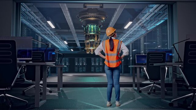 Full Body Back View Of A Female Engineer Wearing Safety Helmet Looking Around While Standing With Arms Akimbo at Futuristic Quantum Computer Data Center Control Room