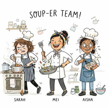 Three chefs Sarah Mei Aisha work together in kitchen with cooking success.