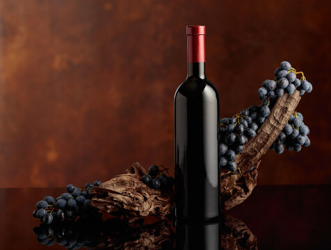 Bottle of red wine with a weathered snag and blue grapes on a brown background.
