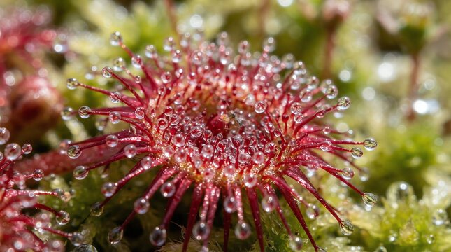 Drosera sundew carnivorous plant glistening sticky tentacles macro