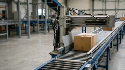 Fototapeta premium automated warehouse conveyor diverter arm directing shipping cartons across intelligent distribution system
