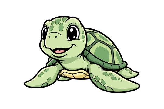 Cute cartoon turtle smiling and swimming isolated on black background