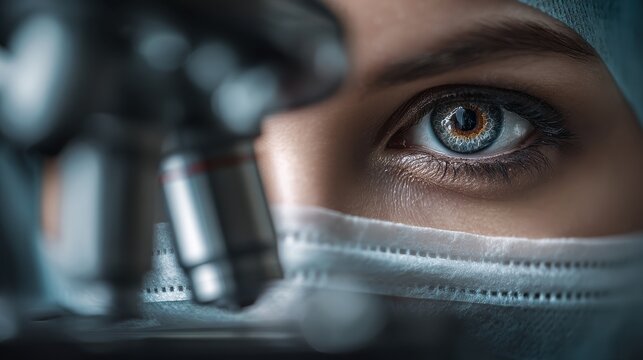 Close up view of a scientist looking through a magnifying glass in a laboratory setting during daytime
