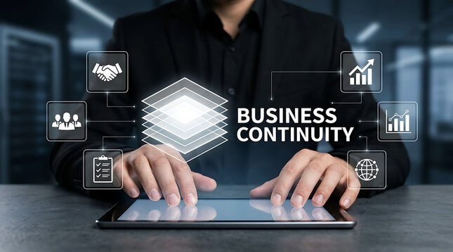 Business continuity plan concept with businessman working on tablet in office