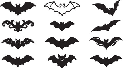 Fototapeta premium Flying Bat Silhouette Bundle Black Bat Vector Icons for Halloween Design, Halloween Bat Silhouette Set Vector Collection Isolated on White Background, Black Bat Silhouette Collection Halloween Flying 