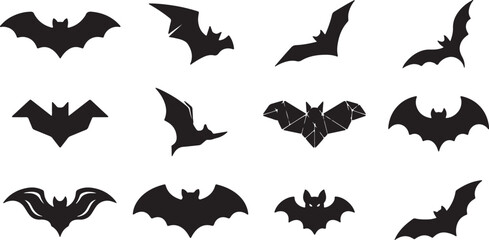 Fototapeta premium Flying Bat Silhouette Bundle Black Bat Vector Icons for Halloween Design, Halloween Bat Silhouette Set Vector Collection Isolated on White Background, Black Bat Silhouette Collection Halloween Flying 