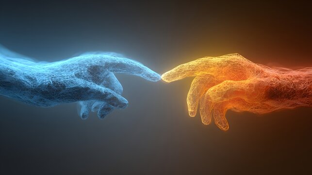 Two digital wireframe hands reaching towards each other in glowing blue and orange fire colors.
