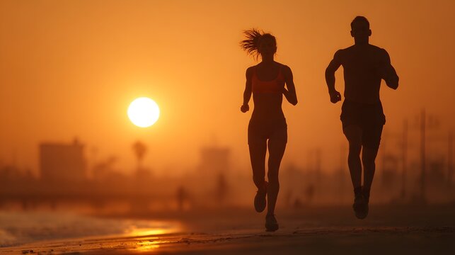 Silhouette of a man and woman running on a beach during a warm golden sunrise, healthy lifestyle.