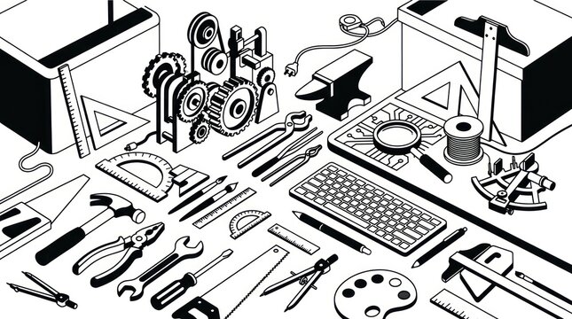 Workshop tools and machinery illustration.