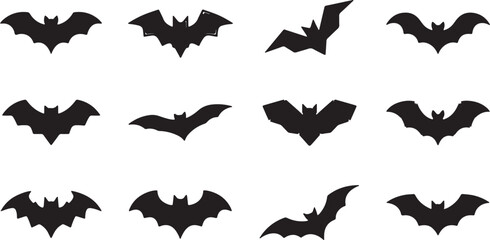 Fototapeta premium Flying Bat Silhouette Bundle Black Bat Vector Icons for Halloween Design, Halloween Bat Silhouette Set Vector Collection Isolated on White Background, Black Bat Silhouette Collection Halloween Flying 