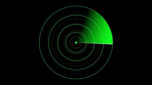 Futuristic cyber radar sweep rotating on alpha channel, green hud interface for military and scientific tracking technology. 4K video