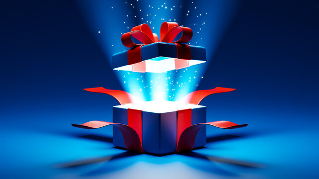 A gift box opens with a bright light shining out on a dark background