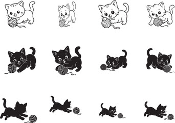 Obraz premium Cat playing yarn icon set with kitten, toy ball and cute pet symbols in editable vector illustration style.