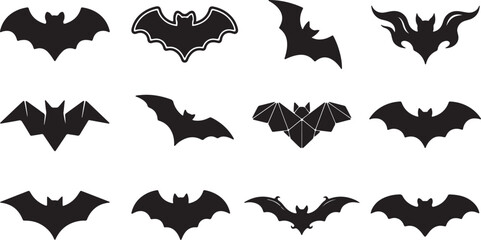 Fototapeta premium Flying Bat Silhouette Bundle Black Bat Vector Icons for Halloween Design, Halloween Bat Silhouette Set Vector Collection Isolated on White Background, Black Bat Silhouette Collection Halloween Flying 