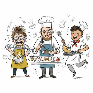 Three chefs in kitchen with varying emotions, one crying, one tasting, one jumping with pancake.