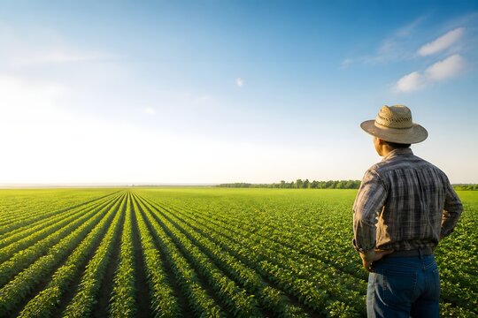Successful male farmer in straw hat looking at vast green soybean field during sunset, sustainable agriculture and food production concept with ample copy space for commercial marketing.