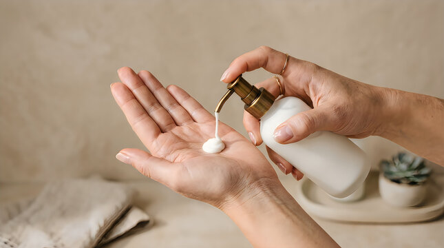 Woman applying white moisturizing lotion from a pump bottle onto her hand for skin care