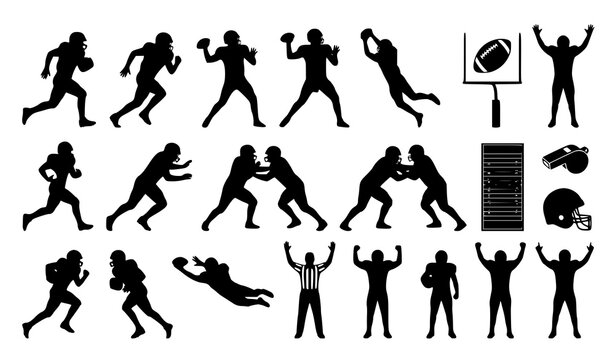 American Football Player Silhouette Collection with Ball Field Elements and Dynamic Sports Action Vector Illustration