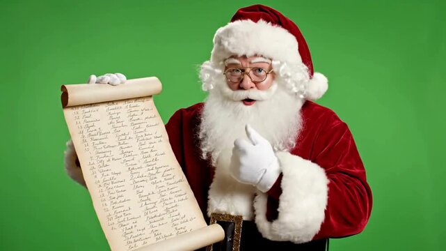 Santa Claus checking a long Christmas gift list on green screen background