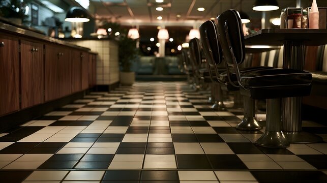 A classic American diner interior featuring a black and white checkered tile floor  vintage chrome stools  and warm ambient lighting