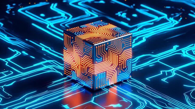 Cube with glowing circuit board design
