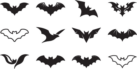 Fototapeta premium Flying Bat Silhouette Bundle Black Bat Vector Icons for Halloween Design, Halloween Bat Silhouette Set Vector Collection Isolated on White Background, Black Bat Silhouette Collection Halloween Flying 