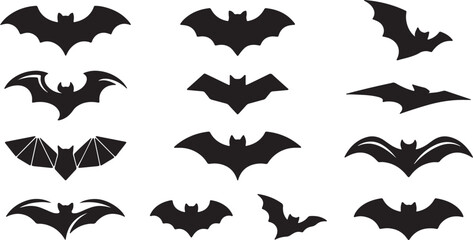 Fototapeta premium Flying Bat Silhouette Bundle Black Bat Vector Icons for Halloween Design, Halloween Bat Silhouette Set Vector Collection Isolated on White Background, Black Bat Silhouette Collection Halloween Flying 