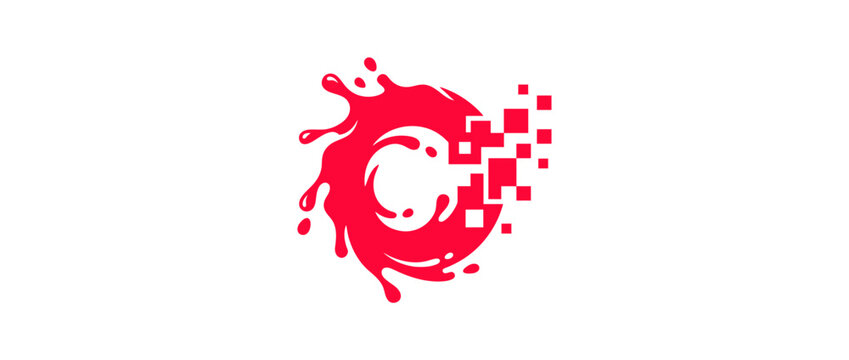 Red circular abstract logo with liquid splash and digital pixels