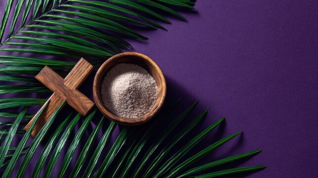 Symbolic arrangement features ash in a bowl with a wooden cross next to palm leaves on a purple background during a religious or ceremonial observation