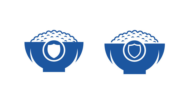Two blue bowls with shield icons and rice.