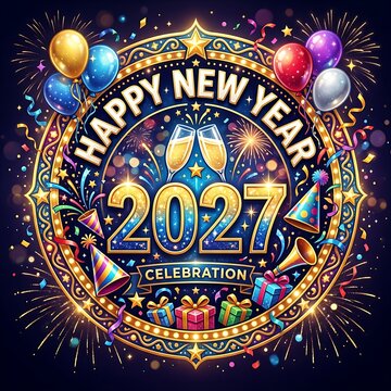 Happy new year 2027 celebration graphic with balloons, confetti and fireworks.