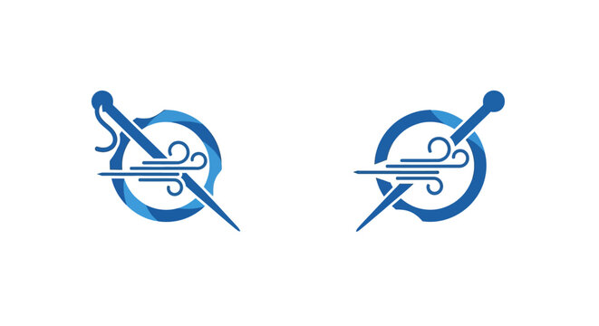 Abstract blue circular logo with needle and thread design.