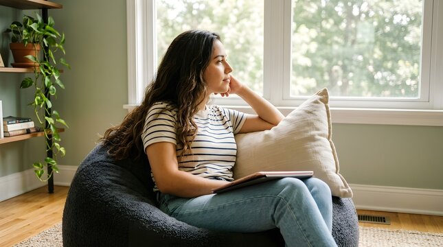 Young woman sitting in a dark beanbag chair holding a digital tablet while gazing thoughtfully out the window 
