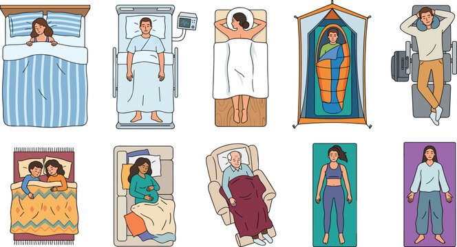 Sleeping Positions and Resting People Flat Vector Collection for Sleep Health and Wellness Concepts