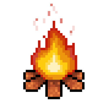 8 bit Pixel art campfire with burning firewood and sparks