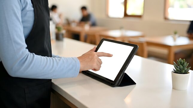 Professional cafe worker using a modern tablet computer with a blank white screen display placed 