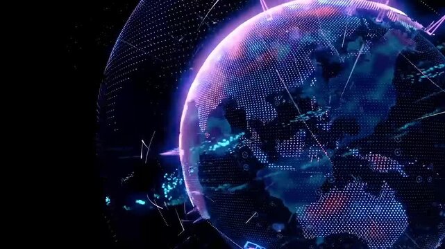 Globe shows a digital network of interconnected data points glowing against a dark space background to represent global communication connectivity.
