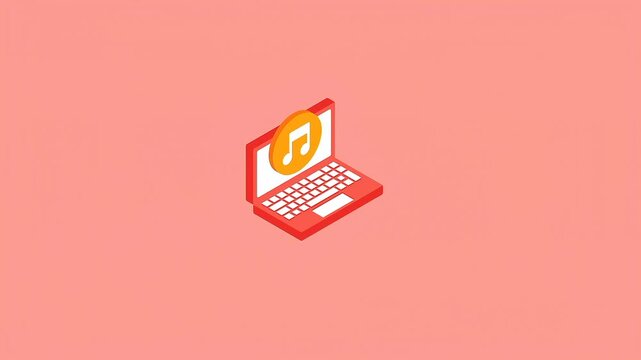 Seamless loop animation of a red isometric laptop with a musical note icon rotating on a solid light pink background.