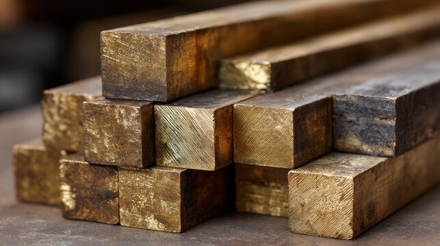 Neatly stacked collection of square metal bars showing texture and different colors in a workshop setting during daylight