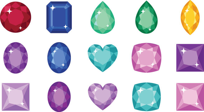 Sparkling Faceted Gemstone Vector Icon Set Featuring Colorful Diamond Ruby Sapphire Emerald Heart and Oval Cut Jewels for Games and Premium Designs