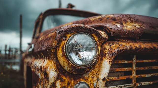 Close up view of a rusted and decaying vehicle reveals layers of corrosion and decay in an abandoned location under a cloudy sky