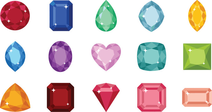 Faceted Gemstone and Precious Diamond Vector Icon Set Featuring Ruby Sapphire Emerald Amethyst and Topaz Jewels for Games Apps and Graphic Designs