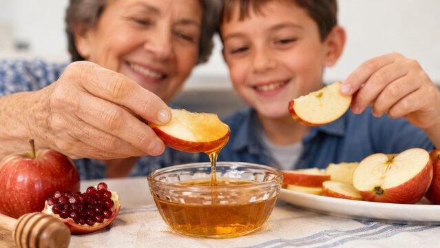 Happy grandmother and grandson dipping apple slices in honey for Rosh Hashanah. Generational bond celebrating Jewish New Year tradition