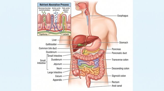 Medical Illustration of the Human Digestive System Showing Internal Organs and the Nutrient Absorption Process with Detailed Anatomical Labels
