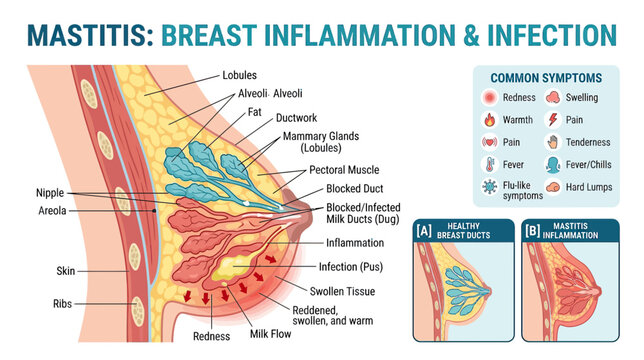 Mastitis: Breast Inflammation and Infection Diagram with Symptoms