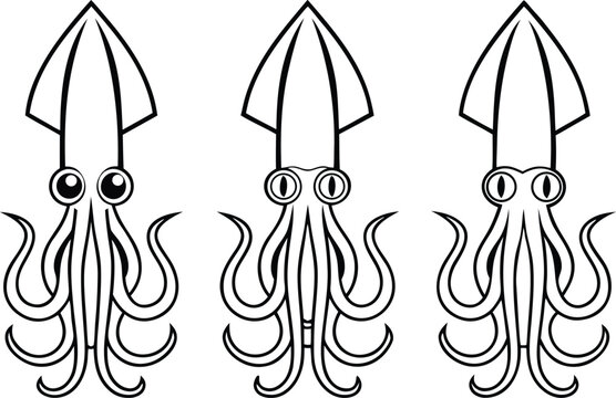 Squid Outline Illustration Collection. Squid Line Art Elements. Marine Squid Outline Pack. Squid Seafood Stroke Designs. Ocean Squid Contour Collection. Squid Line Icon Set. Sea Squid Outline Design.