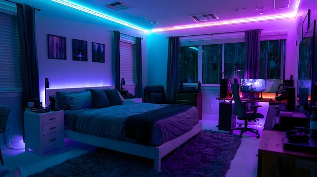 Modern bedroom featuring a bed  gaming desk  and vibrant blue and purple LED lighting along ceiling and walls