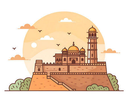 Chittorgarh Fort, modern minimal vector illustration, heroic hill fort, clean warm colors, minimal tourist design