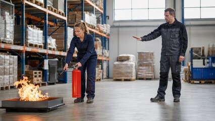 Obraz premium Fire Extinguisher Training for Industrial Workers, Workplace Fire Safety Practice and Emergency Response