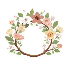 Fototapeta premium Floral wreath with pink and beige blossoms and green leaves